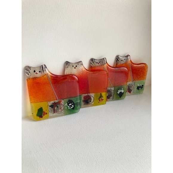 4 Art Glass Cat Kitten Decor Coaster Set Patchwork Boho Eclectic Multi Color 3.5 - Picture 2 of 14